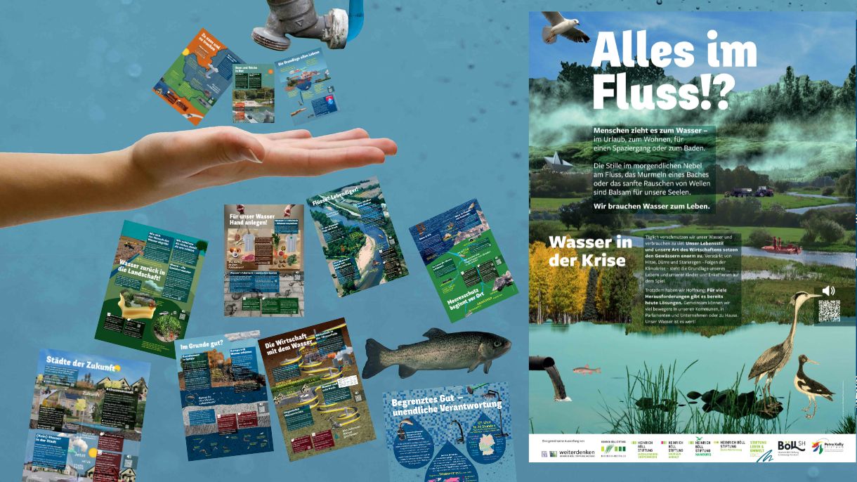 Hand unter Wasserhahn. Es kommen DinA1-Plakate geflossen