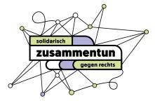 Das Logo der Ausstellung: im Zentrum steht "zusammentun – solidarisch gegen rechts". Außenherum kreuzen sich Linien und bilden Verbindungspunkte